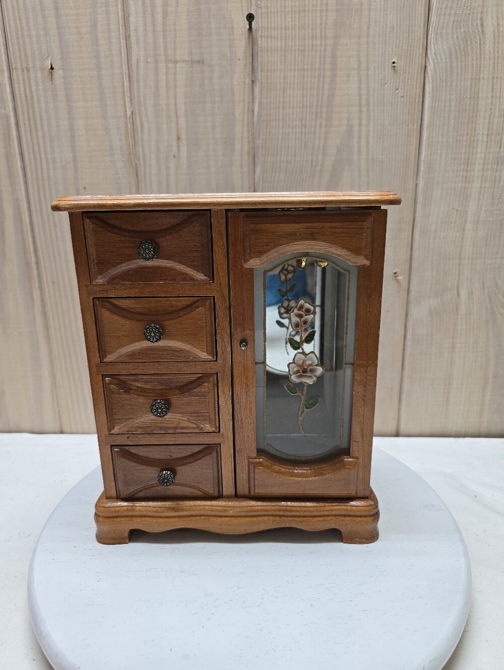 Vintage Wood And Stained Glass Flower Jewelry Box